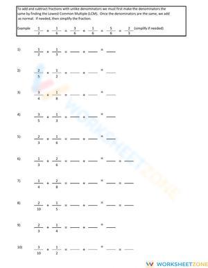 Add & Subtract Unlike Fractions Worksheet