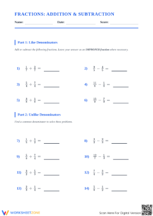 Printable Fraction Addition and Subtraction Worksheet