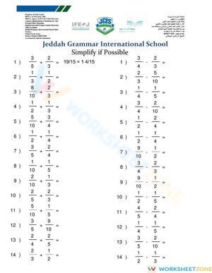 Worksheet on Fractions: Addition and Subtraction