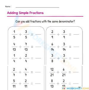 Adding Like Fractions Worksheet