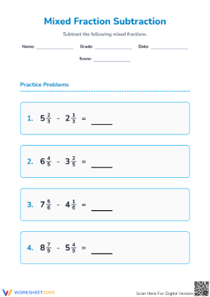 Essential Mixed Fraction Subtraction Worksheet | Grade 5