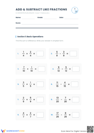 Essential Like Fractions Worksheet | Grade 7 Math
