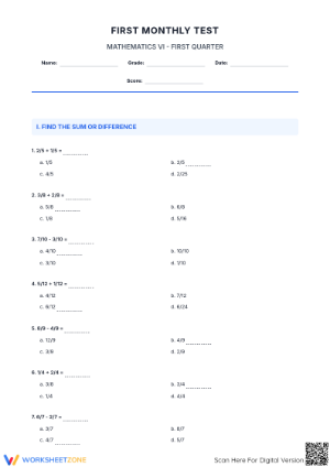Essential 7.NS.A.1 Fractions Test: Grades 6-7 Aligned