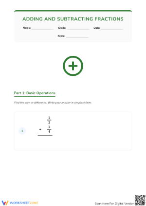 Printable Adding & Subtracting Fractions Worksheet | Grade 5