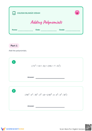 Printable Adding Polynomials Worksheet | Grade 7 Math