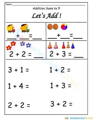 Addition Sums to 5 Worksheet