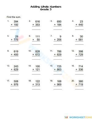 Adding Whole Numbers: Grade 5 Addition Practice