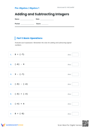 Essential Integer Operations Worksheet | Grade 7 Math