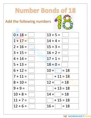 Number Bonds to 18: Math Practice Worksheet