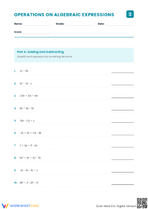 Printable Algebraic Expressions Worksheet | Grade 7 Math