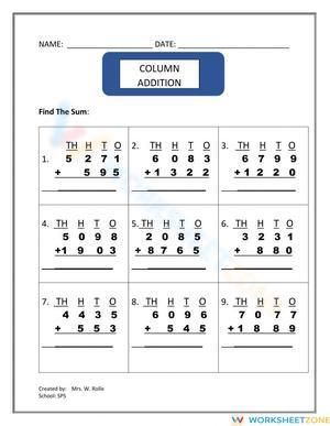 Column Addition Practice Worksheet
