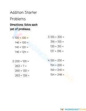 Addition Starter Problems Worksheet