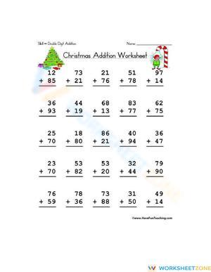 Christmas Double Digit Addition Math Worksheet