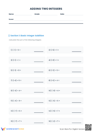 Printable Integer Addition Worksheet | Grade 7 Math