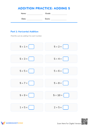 Printable Adding 5 Worksheet | Grade 1 Math Practice