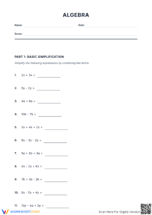 Essential Grade 8 Algebra Worksheet: Simplifying Expressions