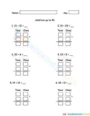 Practice Addition Up to 40 with this Worksheet