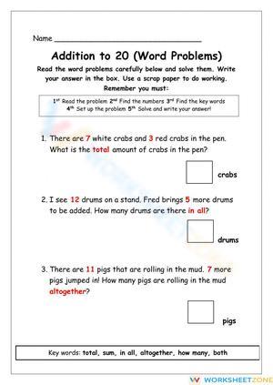 Addition up to 20 Word Problems Worksheet