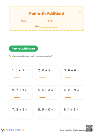 Essential Addition within 20 Worksheet | Grade 2 Math