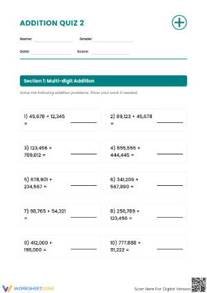 Printable Addition Quiz | Grade 6 Math Worksheet