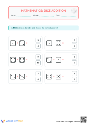 Dice Addition Worksheet | Grade 1 Essential Math