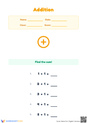 Essential Single-Digit Addition Worksheet | Grade 1 Math