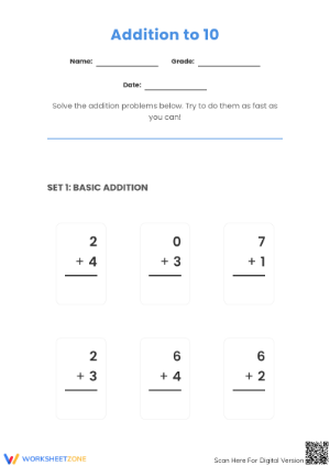 Printable Addition to 10 Worksheet | Grade 1 Math