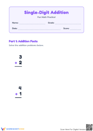 Grade 1 Single-Digit Addition — Essential Math Worksheet