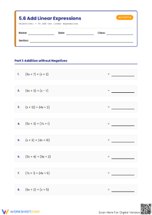Linear Expressions Worksheet (3 Levels) | Grade 7 Ready