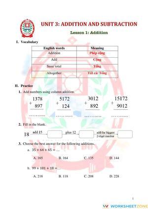Math Unit Addition Worksheet for Practice