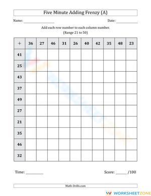 Addition Frenzy: Adding Numbers 21 to 50
