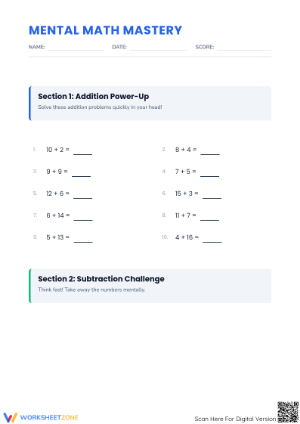 Essential Mental Math Worksheet | Grade 1 Addition