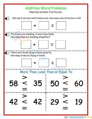 Addition Word Problems and Comparing Numbers