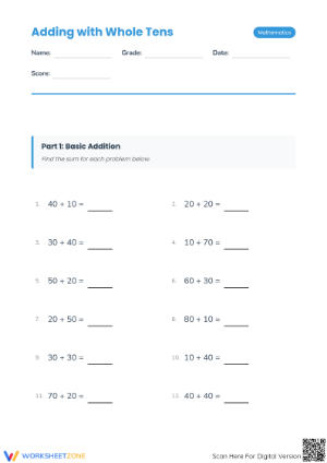 Printable Adding with Whole Tens Worksheet | Grade 3 Math