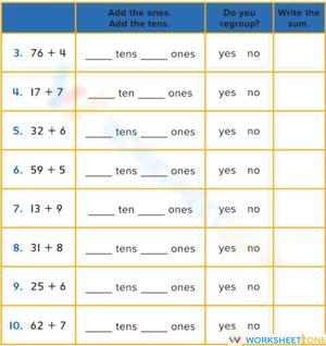 Regroup Ones as Tens Addition Worksheet