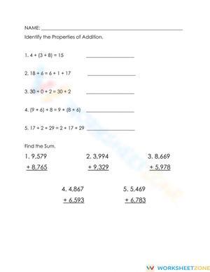 Addition Properties and Sums Practice Worksheet
