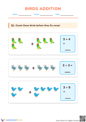 Grade 1 Birds Addition — Printable No-Prep Worksheet