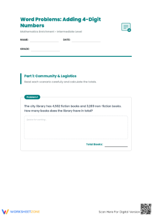 Grade 4 Addition — Printable No-Prep Word Problems Worksheet