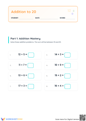 Essential Addition to 20 Worksheet | Grade 2 Math