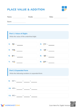 Printable Place Value & Addition Worksheet | Grade 3 Math