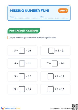 Printable Missing Number Worksheet | Grade 1 Math