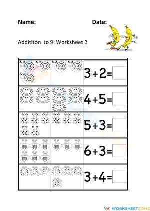Addition to 9 Worksheet Practice