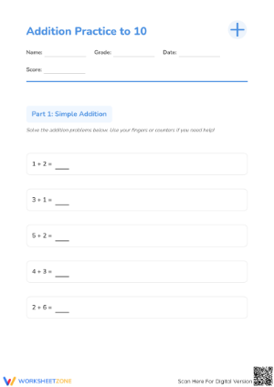 Essential Addition to 10 Worksheet | Grade 1 Math