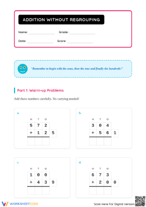 Grade 2 Math: 3-Digit Addition — Printable No-Prep Worksheet