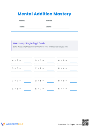 Essential Mental Addition Worksheet | Grade 3 Math