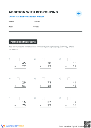 Printable Addition with Regrouping Worksheet | Grade 2 Math