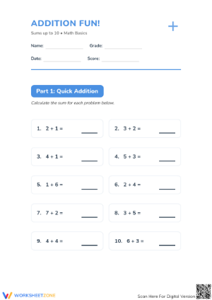 Printable Addition within 10 Worksheet | Grade 1 Math