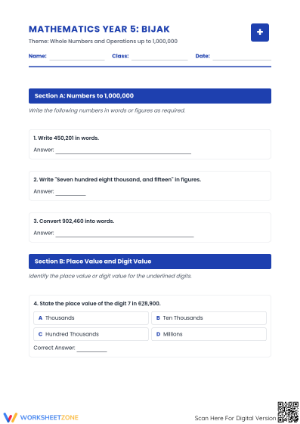 Printable Whole Numbers Worksheet | Grade 5 Math
