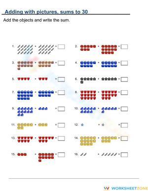 Picture Addition Worksheet – Sums Up to 30 