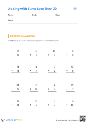 Essential Addition to 20 Worksheet | Grade 1 Math